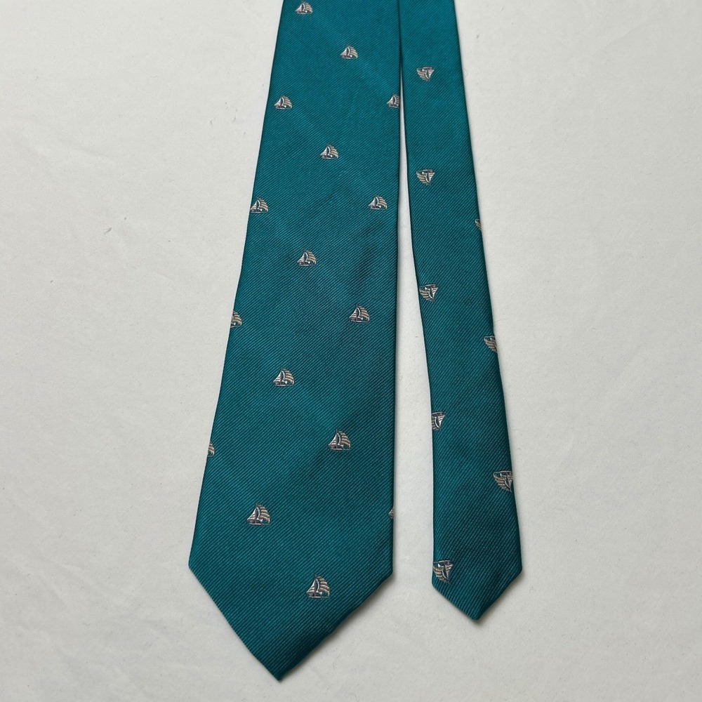 Jos A Bank Mens Silk Sailboat Nautical Regimental Necktie OS Teal Green Preppy